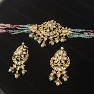 Elegant Kundan and  Pearl Jewelry choker set with mint,pink beads . Indian shadi